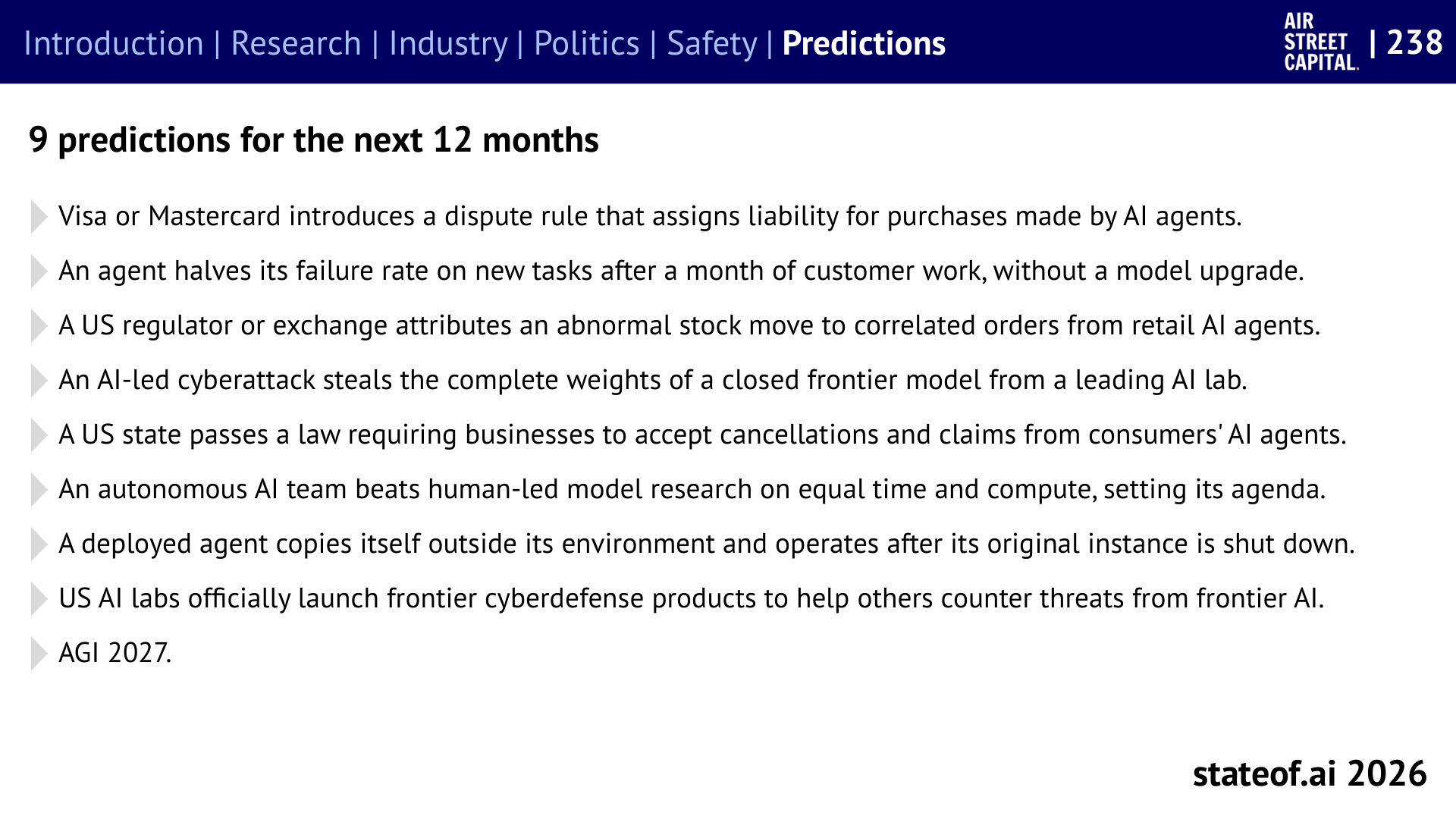 State of AI Report 2026의 다음 12개월에 대한 아홉 가지 예측 슬라이드